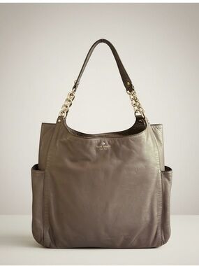 ✨ Kate Spade Taupe Pebbled Leather Chain Tote Large Neutral Shoulder Bag